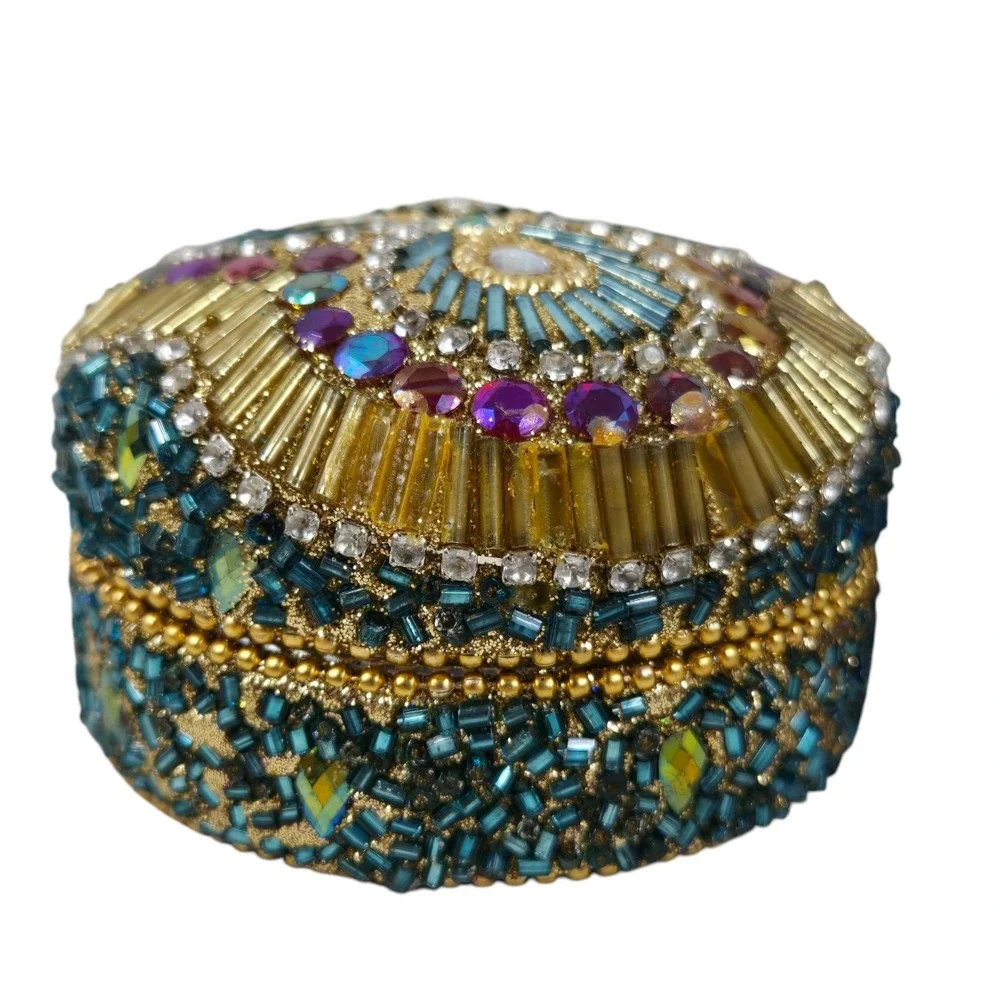 2 Vintage Beaded Bejeweled Trinket Boxes Round Domed Tins Iridescent Gold Blue